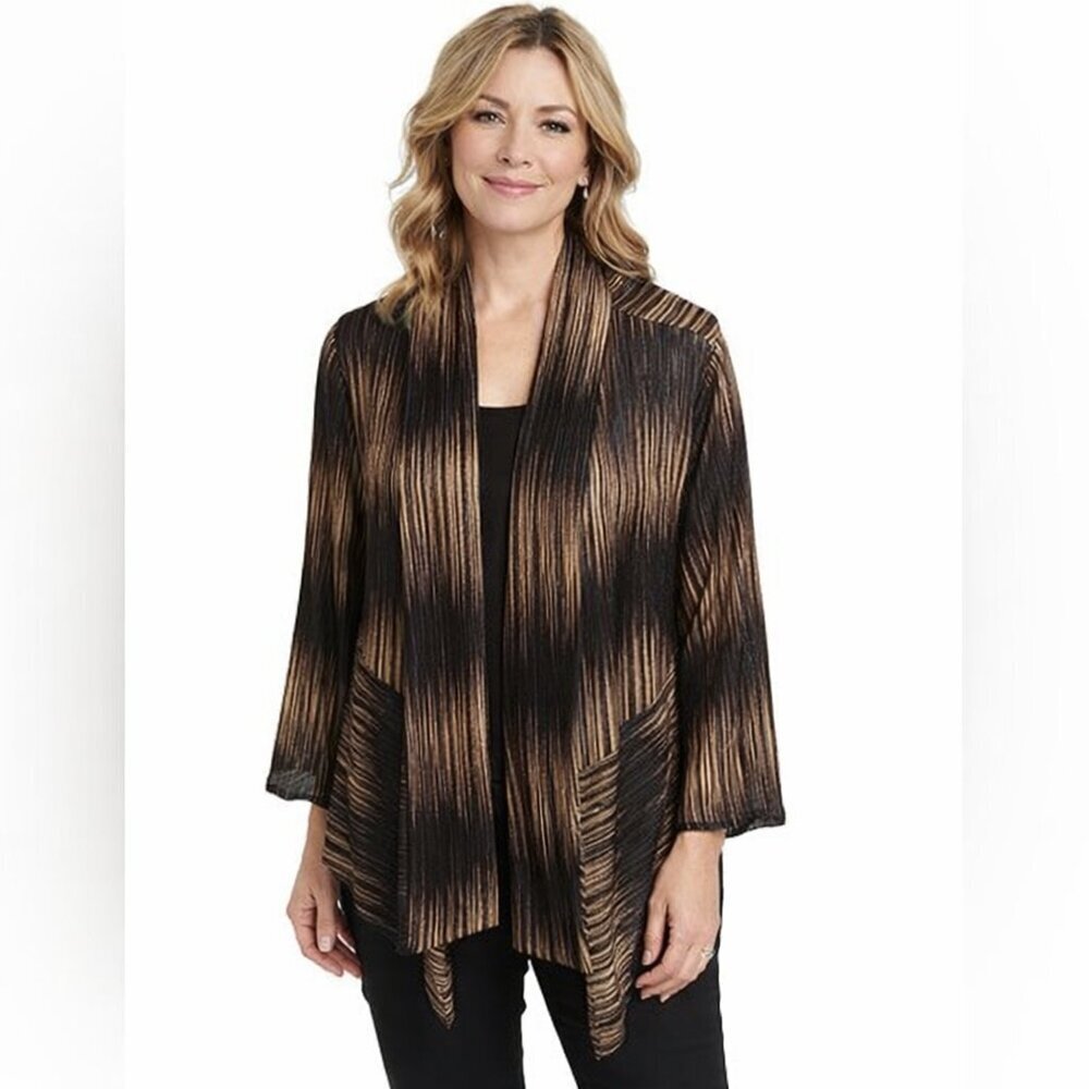 Chico’s Brown Black Draped Open Cardigan Lightweight Knit Layering Jacket Sz 2